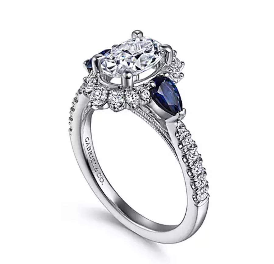 June - 14K White Gold Fancy Three Stone Halo Sapphire and Diamond Engagement Ring