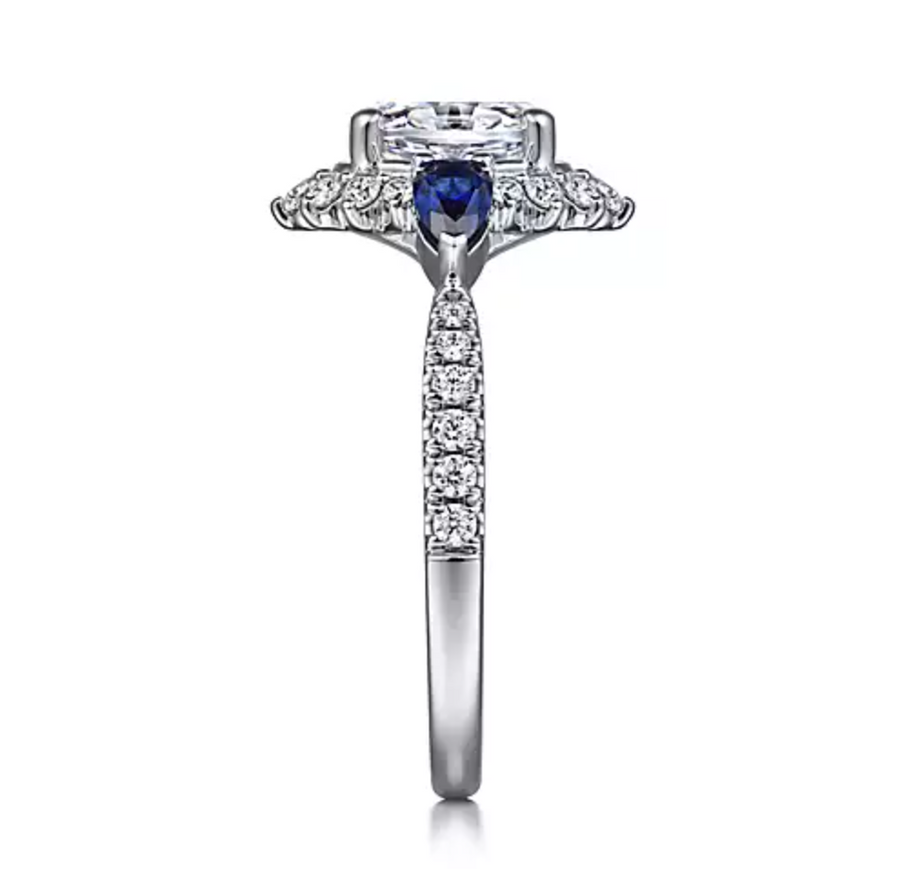 June - 14K White Gold Fancy Three Stone Halo Sapphire and Diamond Engagement Ring