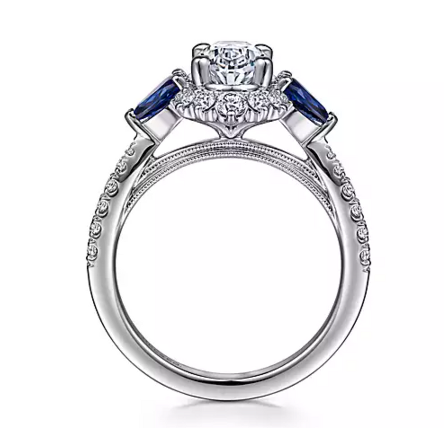 June - 14K White Gold Fancy Three Stone Halo Sapphire and Diamond Engagement Ring