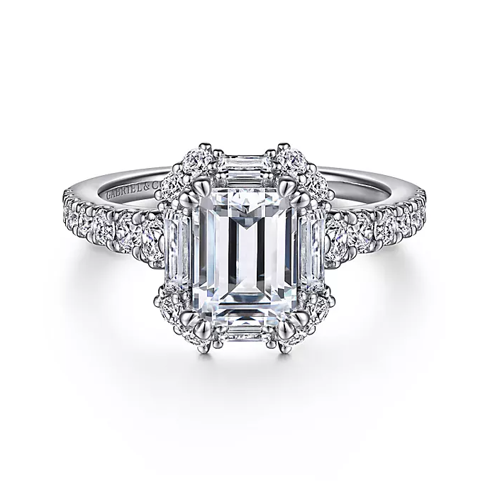 Lago - Art Deco 14K White Gold Halo Emerald Cut Diamond Engagement Ring