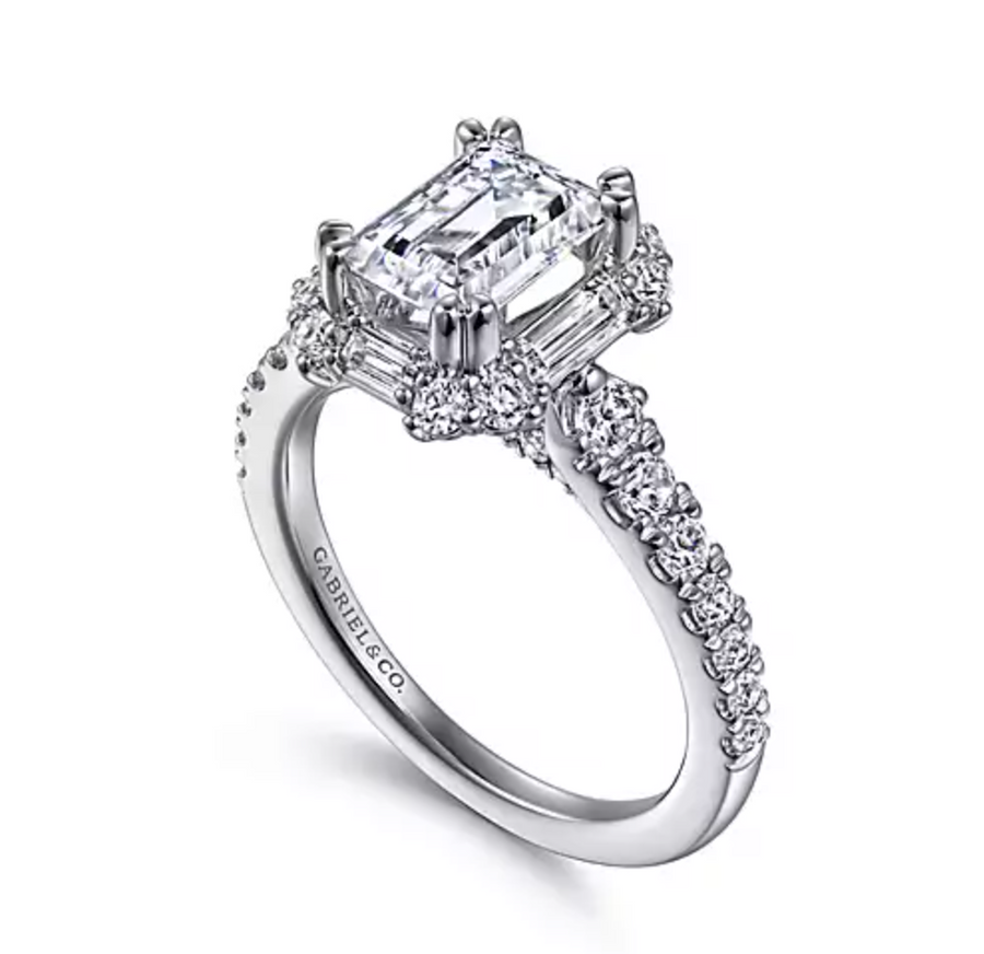 Lago - Art Deco 14K White Gold Halo Emerald Cut Diamond Engagement Ring