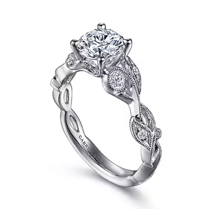 Lena - 14K White Gold Floral Round Diamond Engagement Ring
