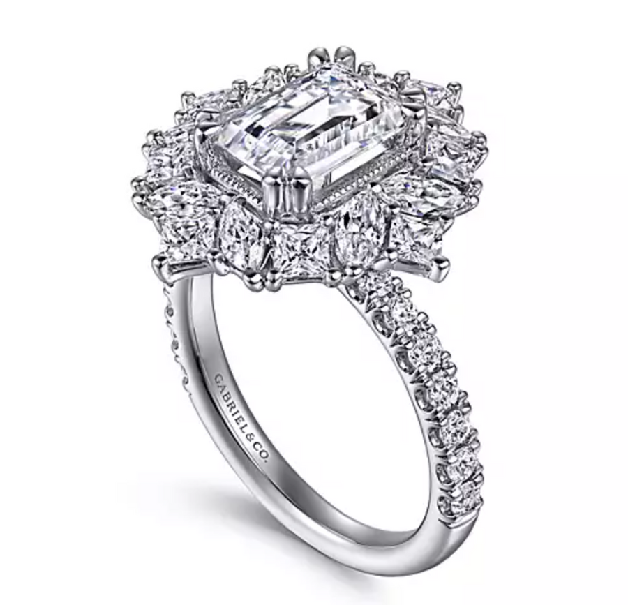 Lisette - 14K White Gold Fancy Halo Emerald Cut Diamond Engagement Ring