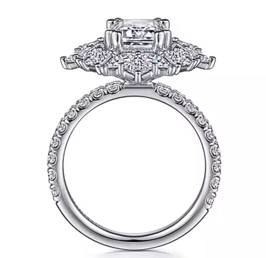 Lisette - 14K White Gold Fancy Halo Emerald Cut Diamond Engagement Ring