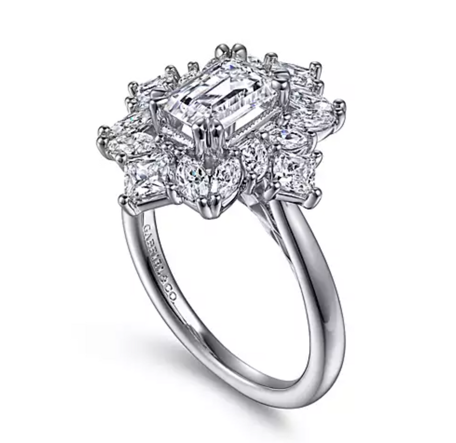 Lois - 14K White Gold Fancy Halo Emerald Cut Diamond Engagement Ring
