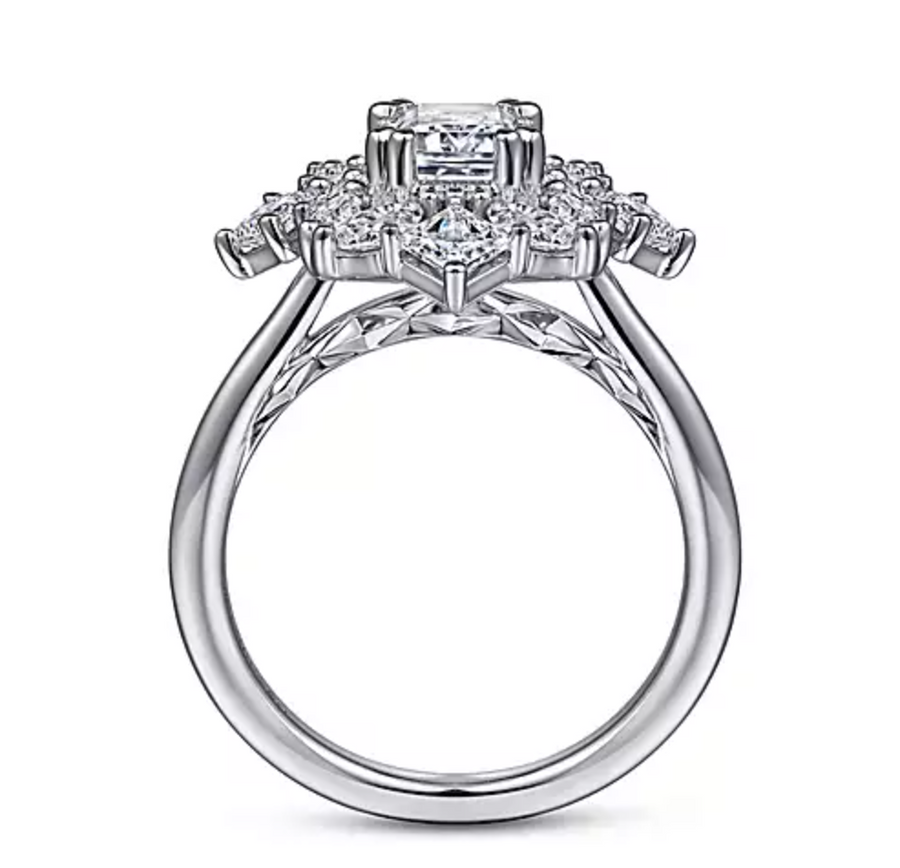 Lois - 14K White Gold Fancy Halo Emerald Cut Diamond Engagement Ring