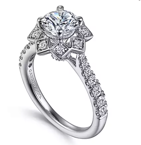 Tria - Art Deco Inspired 14K White Gold Floral Halo Round Diamond Engagement Ring