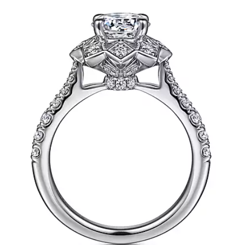 Tria - Art Deco Inspired 14K White Gold Floral Halo Round Diamond Engagement Ring
