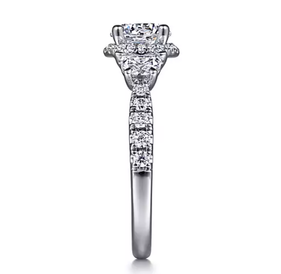 Adelie - 14K White Gold Round Three Stone Halo Diamond Engagement Ring