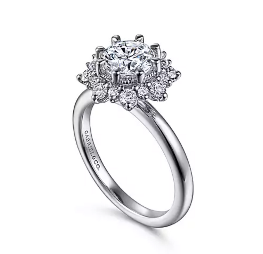 Avalynn - 14K White Gold Bursting Halo Round Diamond Engagement Ring
