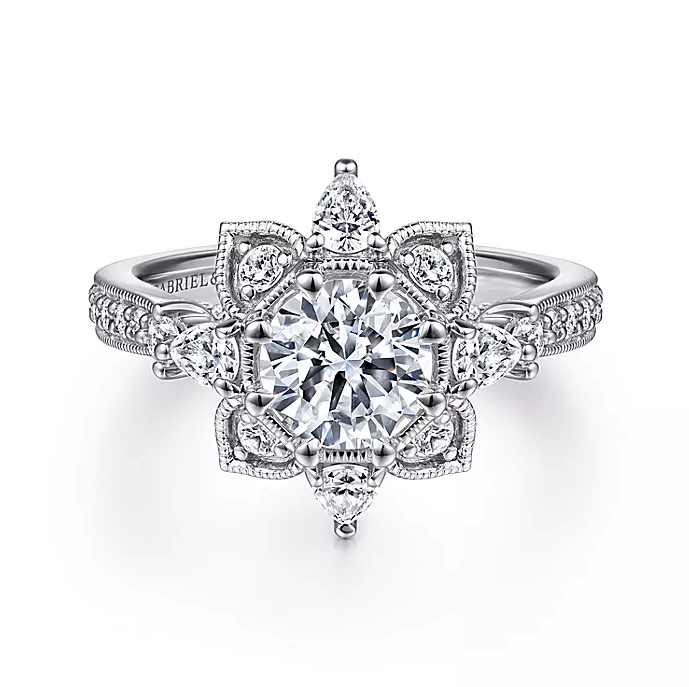 Alexandria - 14K White Gold Floral Halo Round Diamond Engagement Ring
