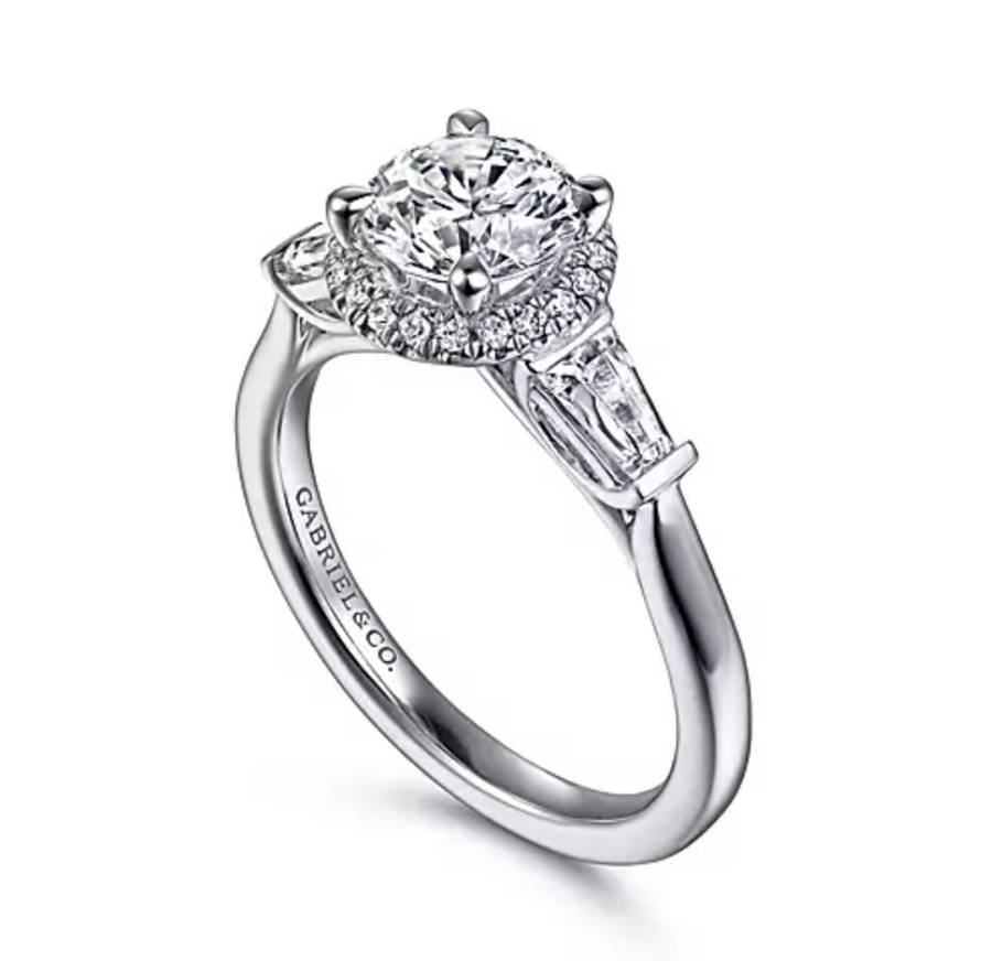 Elinor - 14K White Gold Round Three Stone Halo Diamond Engagement Ring