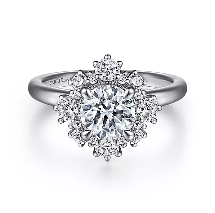Saralynn - 14K White Gold Bursting Halo Round Diamond Engagement Ring