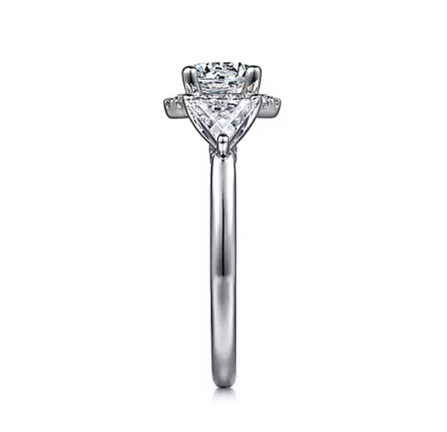 Sara - Art Deco Inspired 14K White Gold Round Three Stone Halo Diamond Engagement Ring