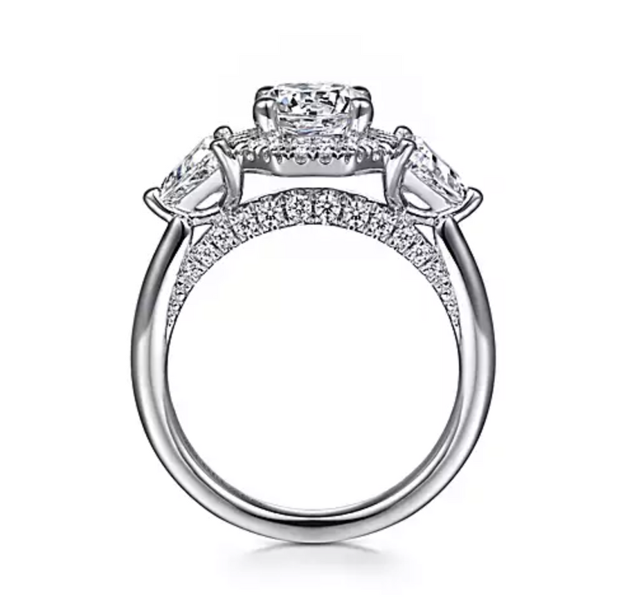 Sara - Art Deco Inspired 14K White Gold Round Three Stone Halo Diamond Engagement Ring