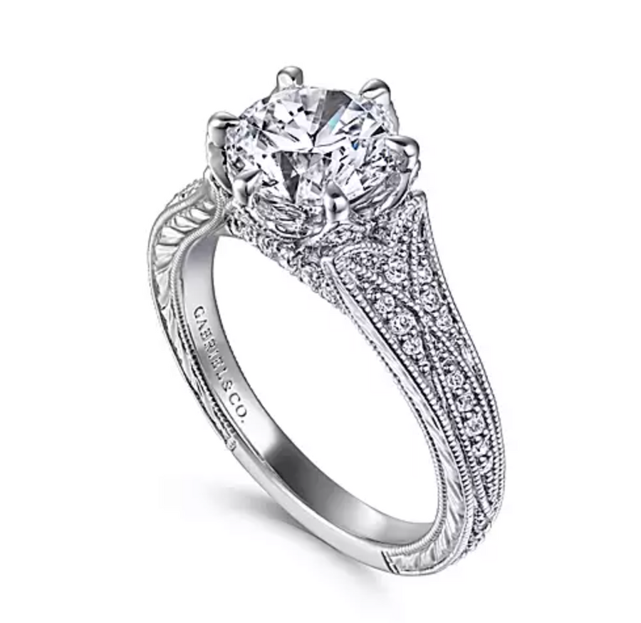 Elanie - Vintage Inspired 14K White Gold Round Diamond Engagement Ring