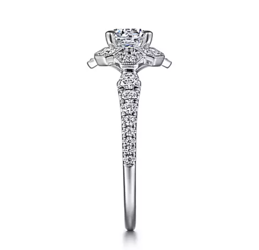 Elowyn - Art Deco Inspired 14K White Gold Floral Halo Round Diamond Engagement Ring