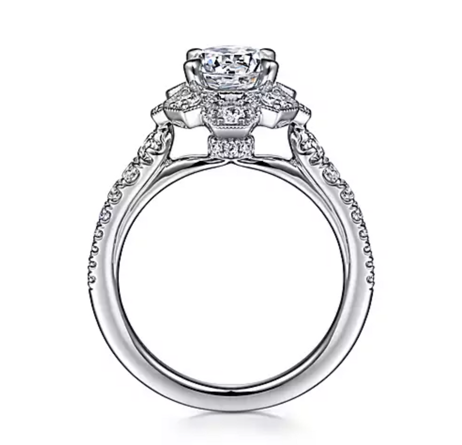Elowyn - Art Deco Inspired 14K White Gold Floral Halo Round Diamond Engagement Ring