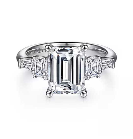 Everley - 18K White Gold Emerald Cut Five Stone Diamond Engagement Ring