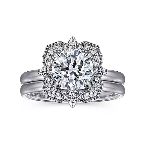 Emerye - 14K White Gold Round Double Halo Diamond Engagement Ring