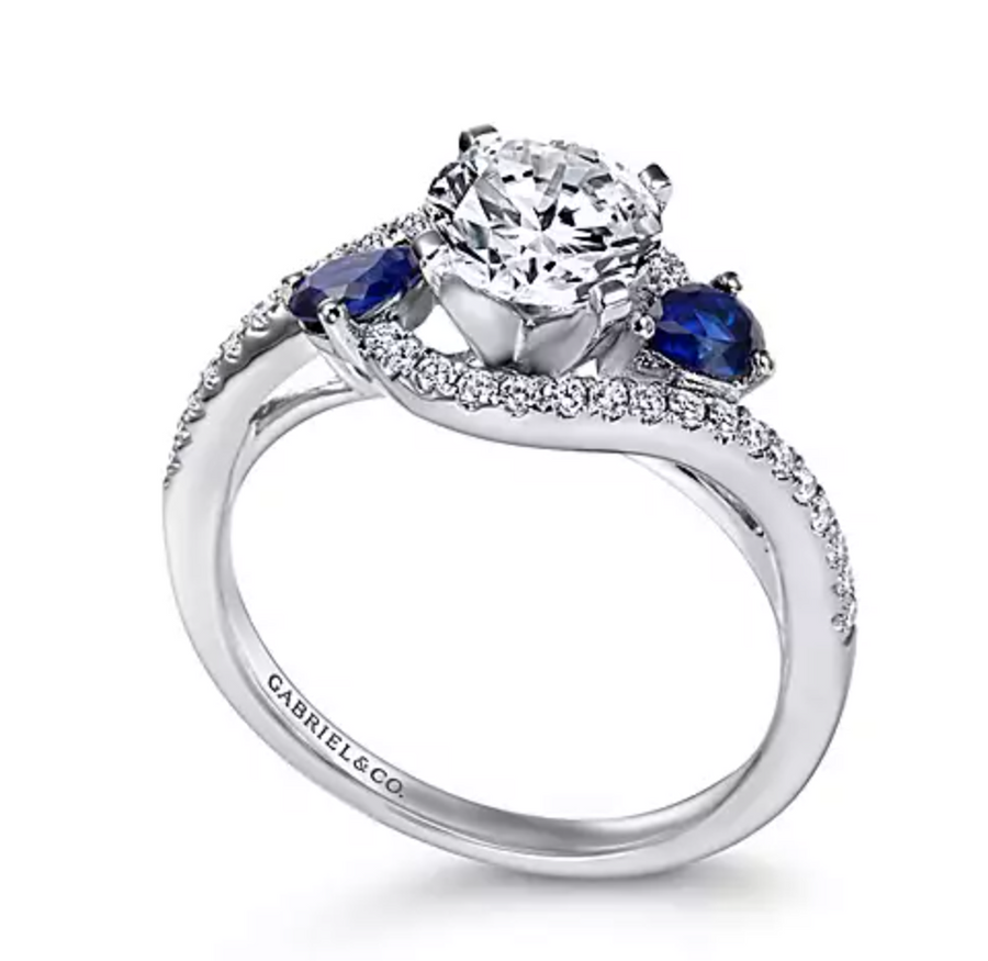 Demi - 14K White Gold Round Three Stone Sapphire and Diamond Engagement Ring