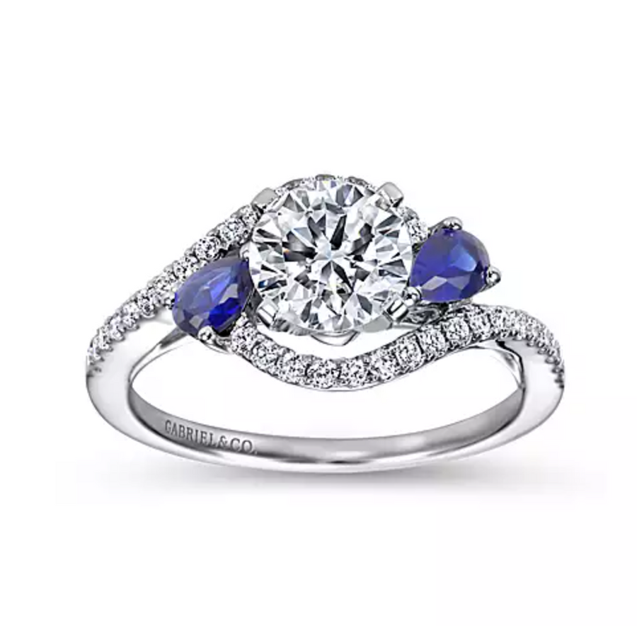 Demi - 14K White Gold Round Three Stone Sapphire and Diamond Engagement Ring