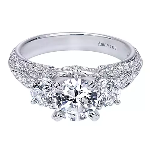 Vintage Inspired 18K White Gold Round Three Stone Diamond Engagement Ring