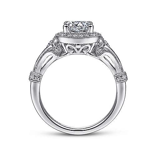Delilah - Vintage Inspired 14K White Gold Cushion Halo Round Diamond Engagement Ring