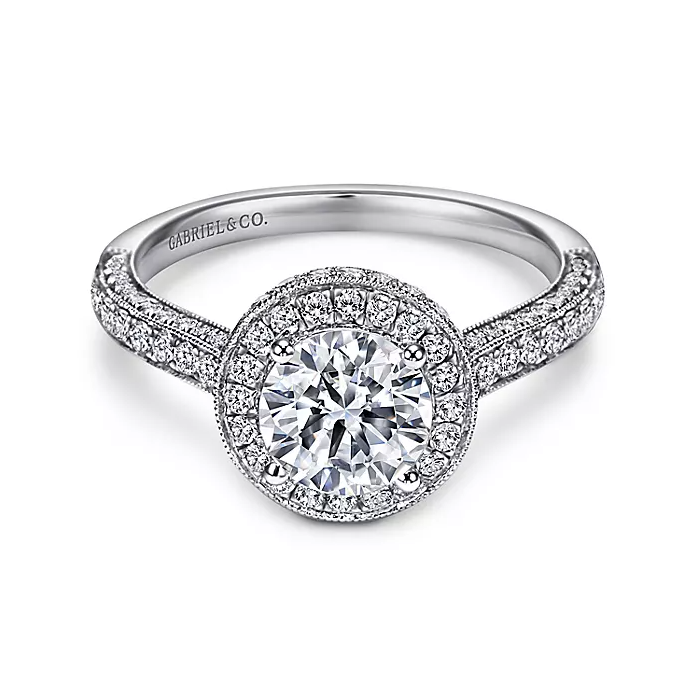 Celestina - Vintage Inspired 14K White Gold Round Halo Diamond Engagement Ring