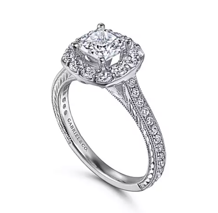 Zelda - Vintage Inspired 14K White Gold Cushion Halo Diamond Engagement Ring