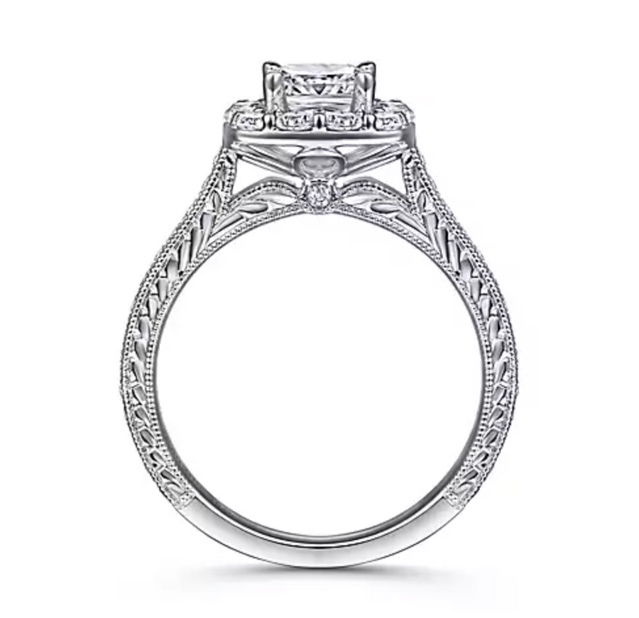 Zelda - Vintage Inspired 14K White Gold Cushion Halo Diamond Engagement Ring