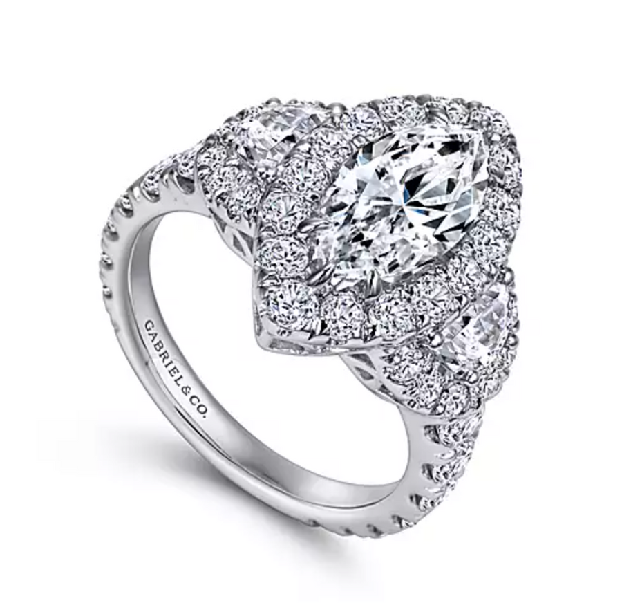 Eve - 14K White Gold Marquise Shape Three Stone Halo Diamond Engagement Ring