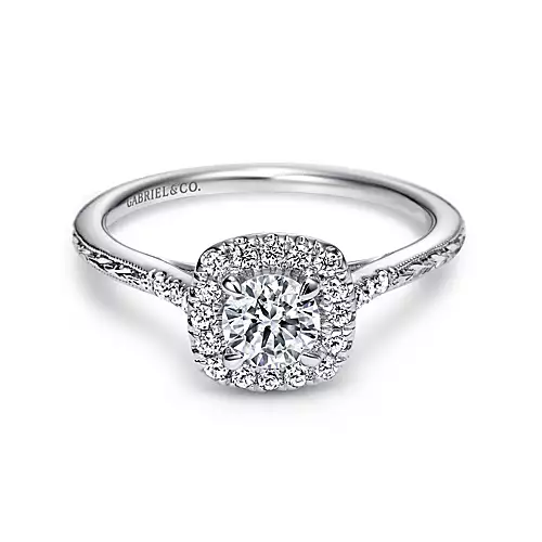 Audrey - Vintage Inspired 14K White Gold Cushion Halo Round Diamond Engagement Ring