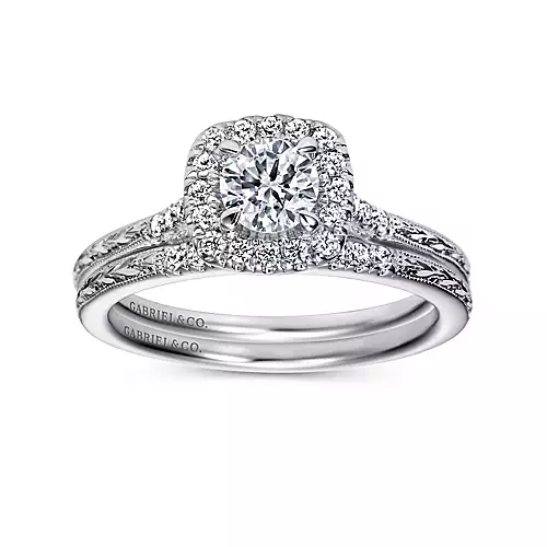 Audrey - Vintage Inspired 14K White Gold Cushion Halo Round Diamond Engagement Ring