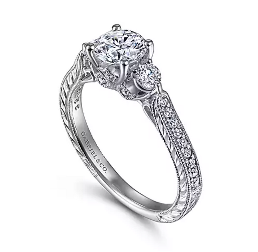 Georgina - Vintage Inspired 14K White Gold Round Three Stone Diamond Engagement Ring