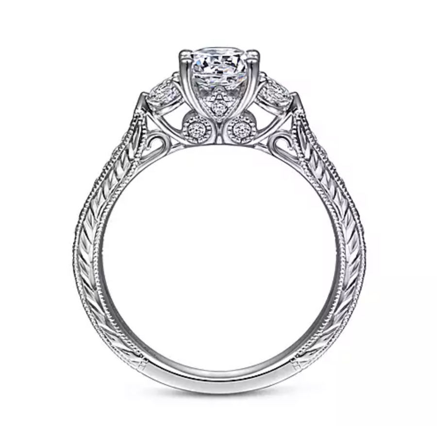 Georgina - Vintage Inspired 14K White Gold Round Three Stone Diamond Engagement Ring