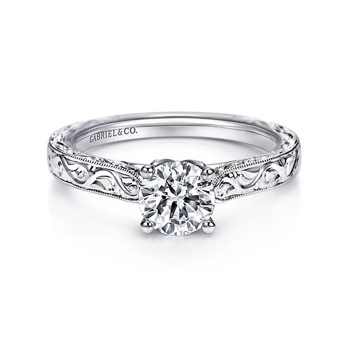 Dede - Vintage Inspired 14K White Gold Round Diamond Engagement Ring