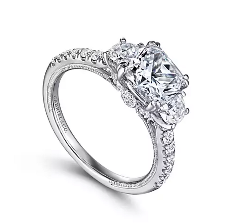 Aloise - 14K White Gold Cushion Cut Three Stone Diamond Engagement Ring
