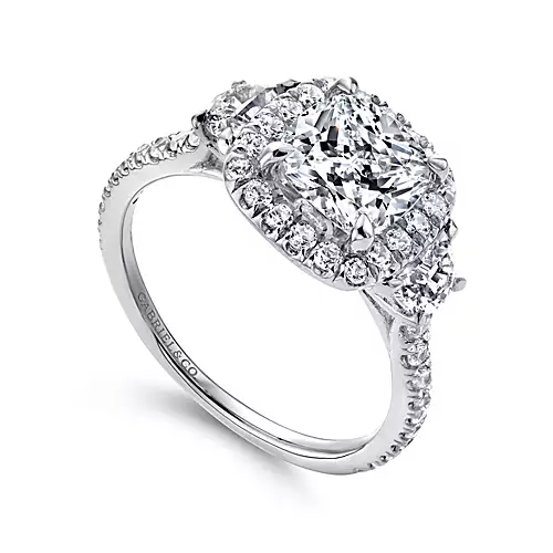 Mia - 14K White Gold Cushion Three Stone Halo Diamond Engagement Ring