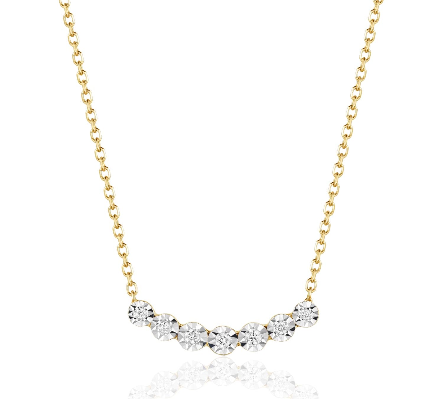 A yellow gold fashion graduated diamond necklace with a chain-link design and multiple graduated diamond pendants.