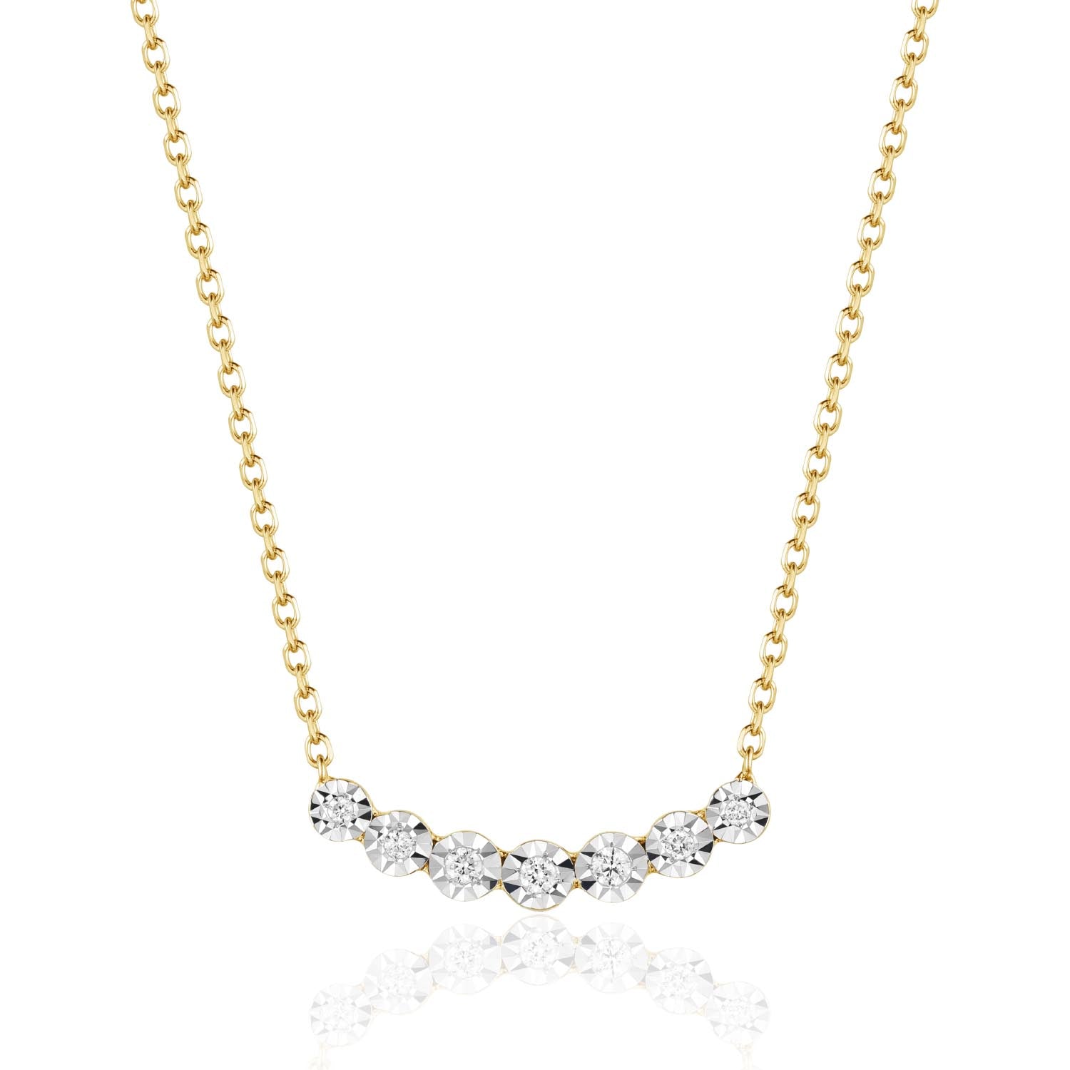 A yellow gold fashion graduated diamond necklace with a chain-link design and multiple graduated diamond pendants.