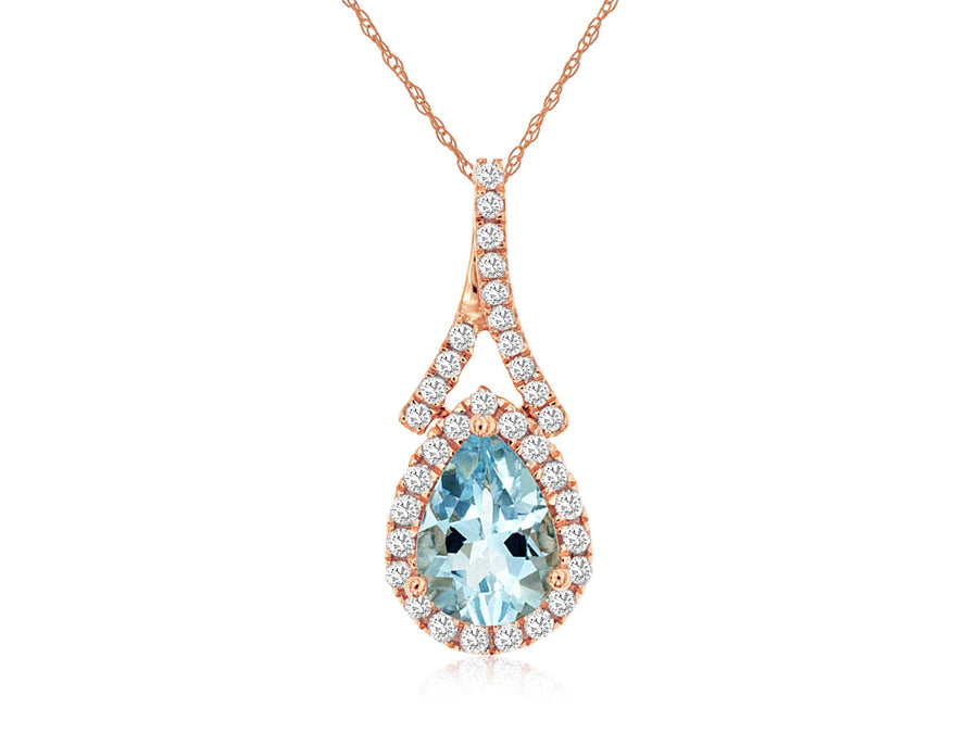 Rose Gold Aqua Pear And Diamond Halo Necklace