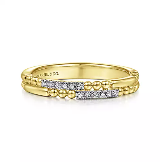 Yellow Gold Two Row Beaded Diamond Stackable Ring