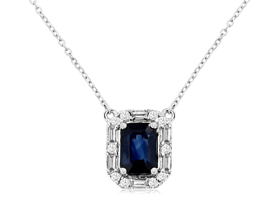 White Gold Sapphire An Diamond Halo Necklace