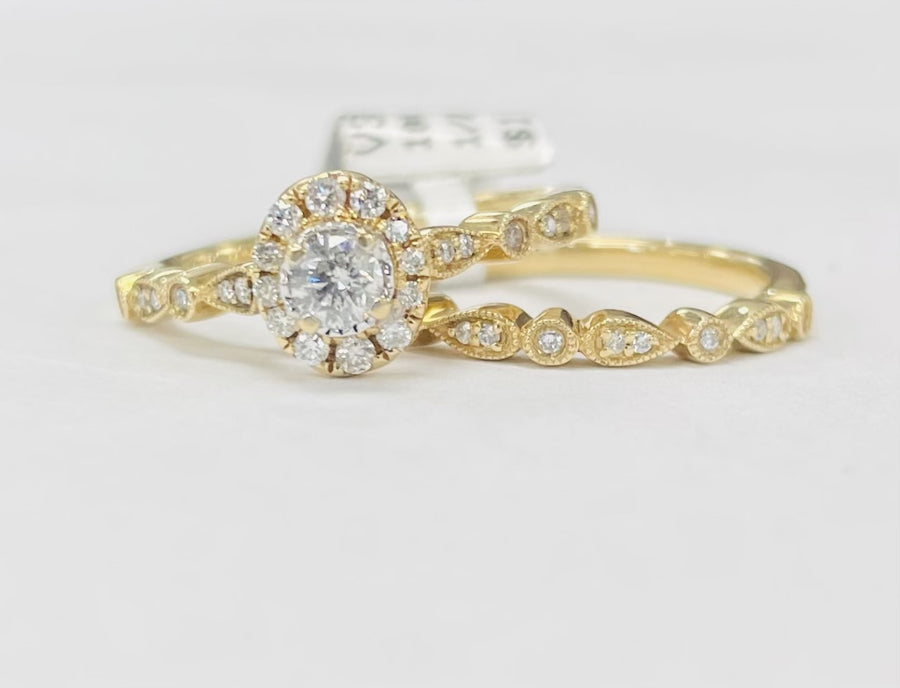 Simple Halo Yellow Gold Diamond Wedding Set