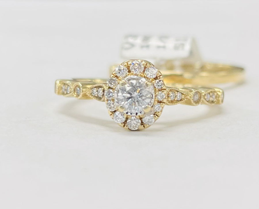 Simple Halo Yellow Gold Diamond Wedding Set
