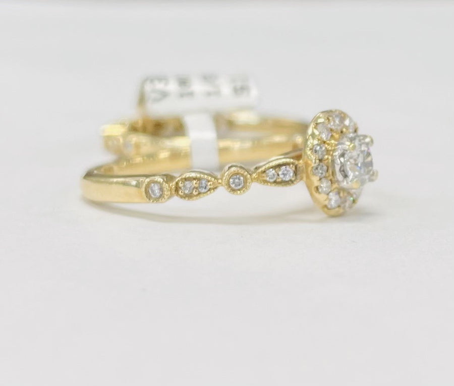 Simple Halo Yellow Gold Diamond Wedding Set