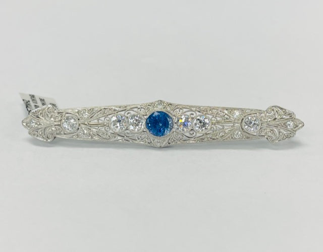 Chas. N. Hancher Co. Vintage Platinum Diamond and Sapphire Brooch