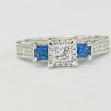 Three Stone Diamond Engagement Ring W/ Sapphires 1CTW