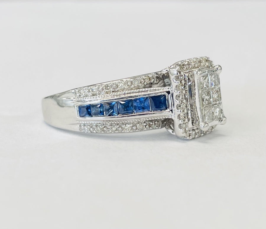 White Gold Sapphire And Diamond Composite Engagement Ring